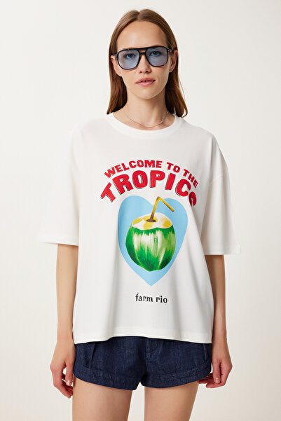 Happiness İstanbul Women's Ecru Printed Cotton Knitted T-Shirt Yy00239