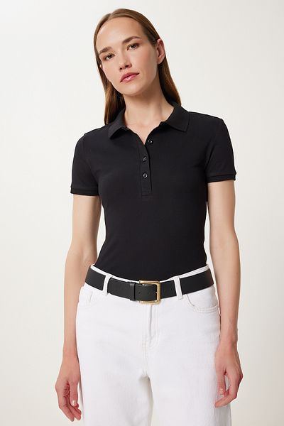 Happiness İstanbul Women's Black Polo Neck Knitted T-Shirt Fk00039