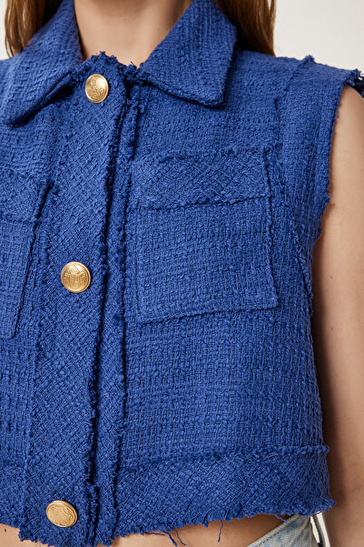 Happiness İstanbul Women's Cobalt Blue Stylish Button Crop Tweed Vest Wf00144