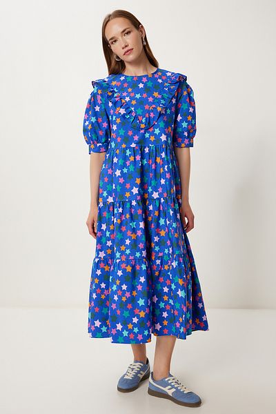 Happiness İstanbul Rochie de vară midi din poplin cu model albastru închis FK00032