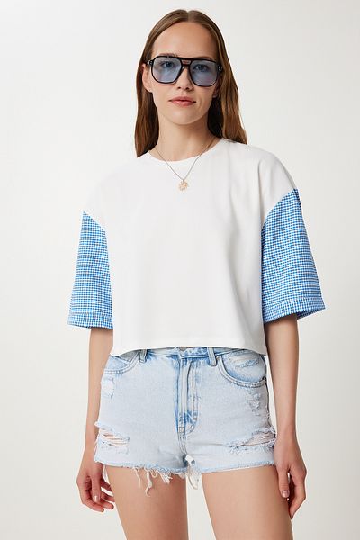Happiness İstanbul Women's White Blue Checkered Knitted Crop T-Shirt Tp00088