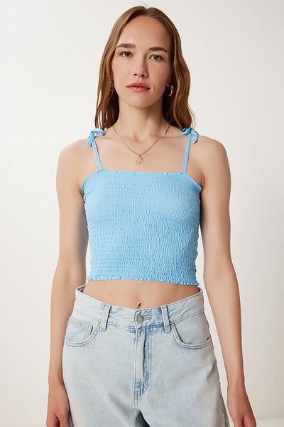 Happiness İstanbul Women's Sky Blue White 2 Pack Strap Stretch Crop Knitted Blouse Wf00157