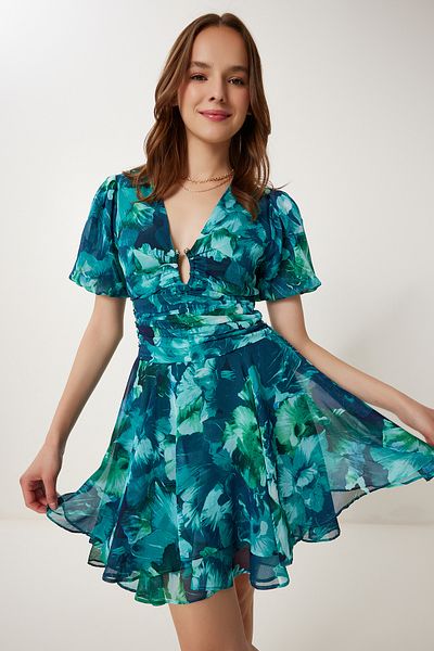 Happiness İstanbul Women's Green Patterned Summer Mini Chiffon Dress Fg00026