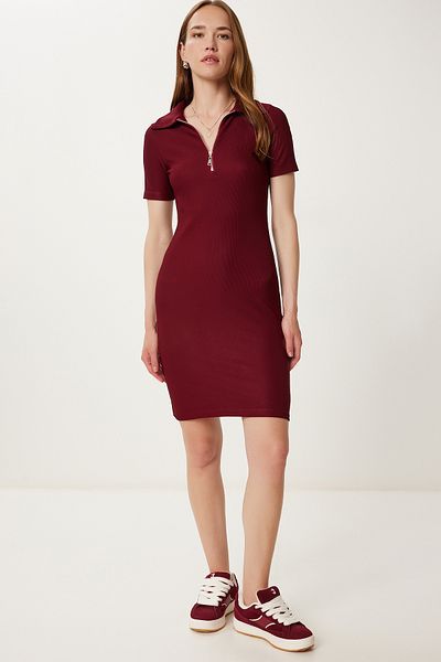 Happiness İstanbul Damen Burgunderfarbenes, elastisches, geripptes Strickkleid mit Reißverschluss PB00033
