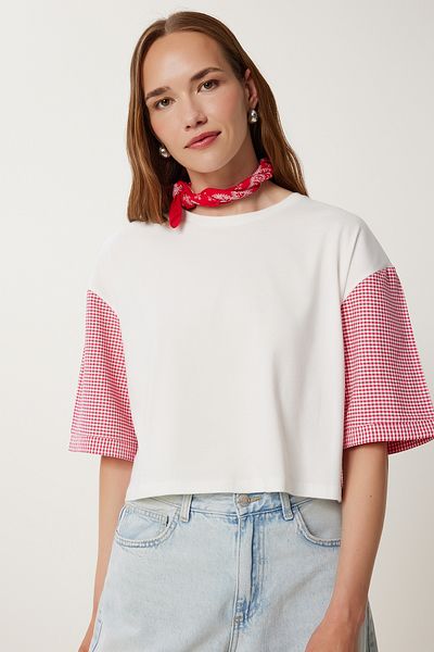 Happiness İstanbul Women's White Pink Checkered Knitted Crop T-Shirt Tp00088