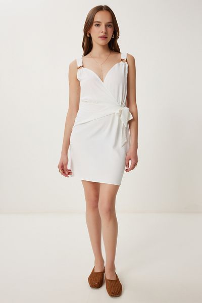 Happiness İstanbul Women's Ecru Strap Summer Mini Ayrobin Dress Gx00008