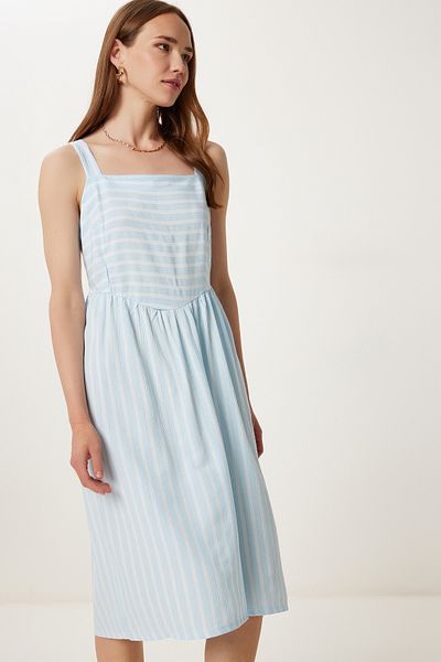 Happiness İstanbul Rochie de vară în dungi cu bretele albastru cer pentru femei TP00054