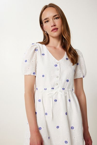Happiness İstanbul Women's Ecru Purple Scalloped Floral Embroidered Summer Dress Tp00060