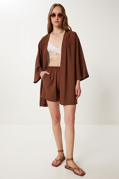 Happiness İstanbul Braunes Leinen-Kimono-Shorts-Set für Damen WF00105