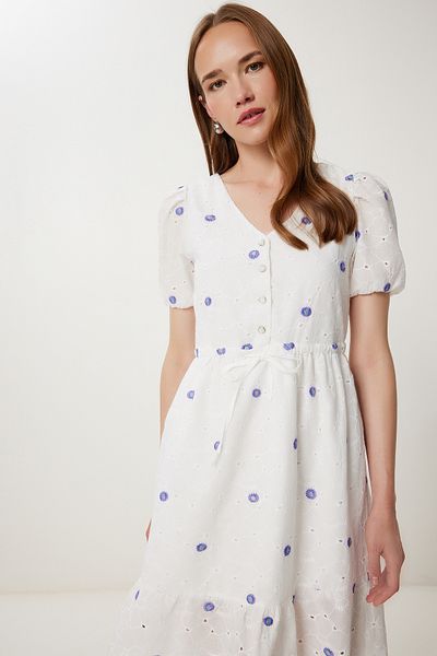 Happiness İstanbul Women's Ecru Purple Scalloped Floral Embroidered Summer Dress Tp00060