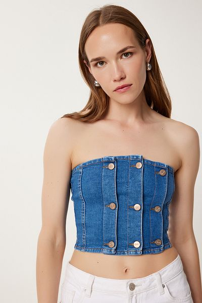 Happiness İstanbul Dunkelblaues, trägerloses Jeans-Bustier mit Knopfdetail für Damen FG00033