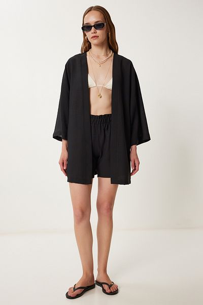 Happiness İstanbul Women's Black Linen Kimono Shorts Set Wf00105