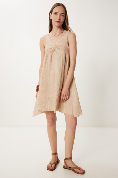 Happiness İstanbul Rochie tricotată de vară în linie A de culoare crem - Guler adunat WF00079