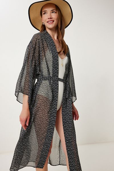 Happiness İstanbul Women's Black and White Patterned Belted Chiffon Kimono Fg00021