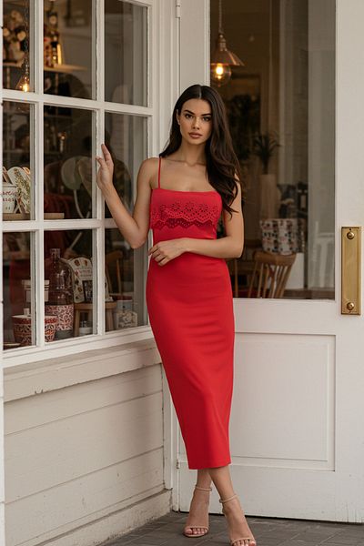 Trendyol Collection Red Woven Detail Bodycone/Body Sitting Midi Knitted Dress Twoss25El00356