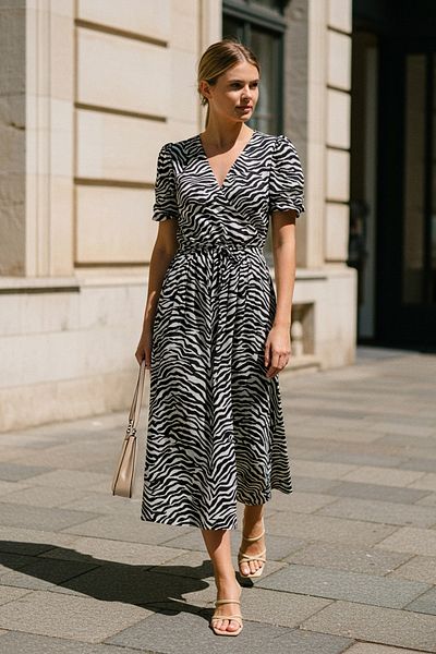 Trendyol Collection Skater cu decolteu în V cu imprimeu zebră înfășurat negru/Rochie tricotată midi elastică cu deschidere în talie TWOSS25EL00697