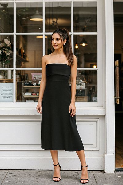 Trendyol Collection Μαύρο στράπλες Μίντι πλεκτό φόρεμα σε γραμμή/καμπάνα TWOSS25EL00070