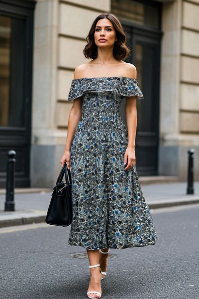 Trendyol Collection Rochie tricotată midi cu decupaj cu linie/clopot, cu guler Carmen, albastru TWOSS25EL00544