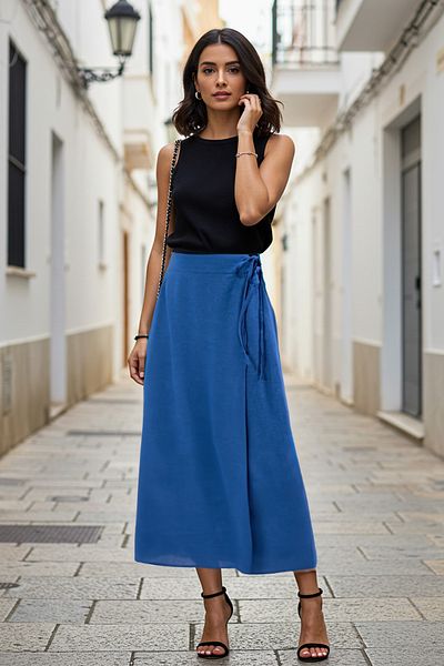 Trendyol Collection Marineblauer, zweireihiger, gewebter Maxirock mit Bindedetail TWOSS25ET00126