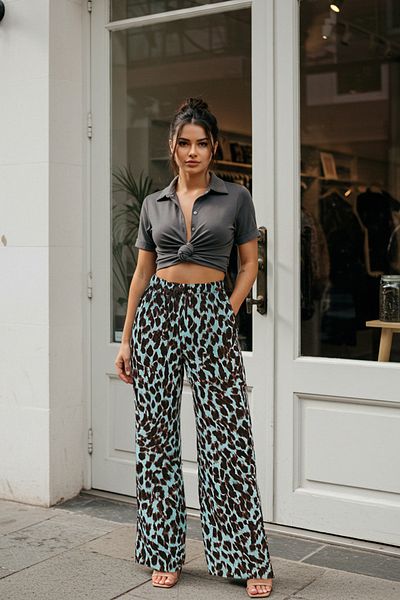 Trendyol Collection Pantaloni albaștri cu talie elastică cu picior lat/picior lat cu imprimeu leopard TWOSS25PL00005