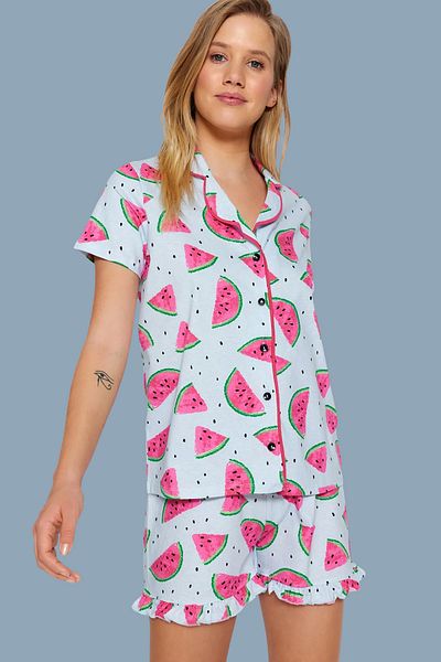 Trendyol Collection Ανοιχτό μπλε 100% βαμβακερό καρπούζι με μοτίβο βολάν Σετ πλεκτό σορτς πιτζάμα THMSS21PT0670