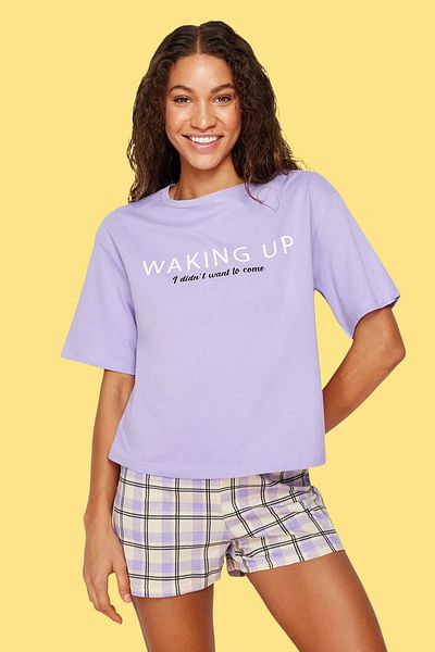 Trendyol Collection lila Slogan Slogan Printed 100% Bavlna Pletené pyžamo Set - THMSS24PT00021