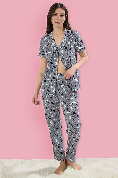 Trendyol Collection Námořnická modrá 100% bavlna s potištěným lemováním Jednoduchý pletený pyžamový set THMSS19IP0037