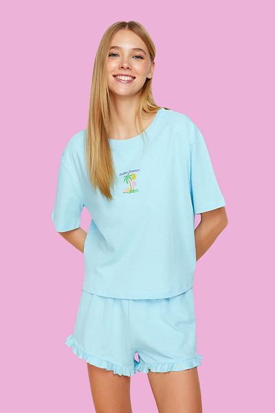 Trendyol Collection Set de pijamale 100% bumbac cu detaliu cu volane albastre - THMSS24PT00113