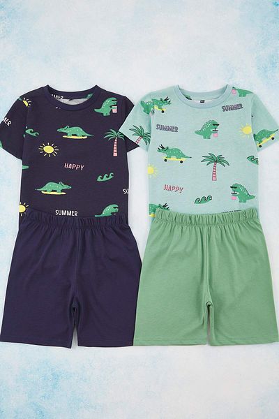 TRENDYOLKIDS Indigo-Hellblaues 4-teiliges gestricktes Pyjama-Set für Jungen mit Tiermuster TKDSS25AU00116