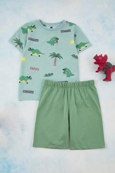 TRENDYOLKIDS Indigo-světle modrá 4'lü Erkekler Dětská sada pleteného pyžama se zvířecím potiskem TKDSS25AU00116