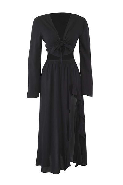 Trendyol Collection Black Woven Binding Detailed Flounced Deep Slit Beach Blouse Skirt Suit Tbess25Au00090