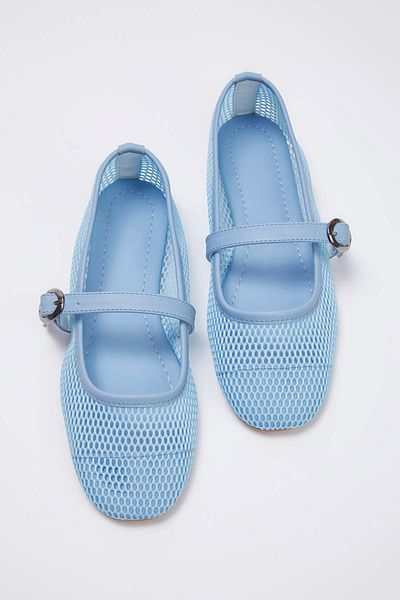 TRENDYOL SHOES Baby Blue Mesh Detailed Round Toe Mary Jane Women's Ballerinas Takss24Be00000