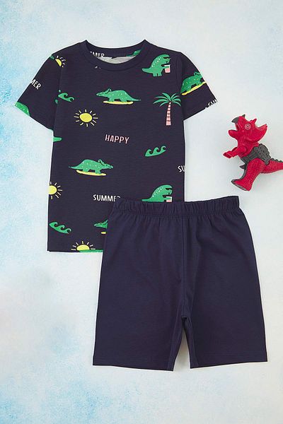 TRENDYOLKIDS Indigo-Hellblaues 4-teiliges gestricktes Pyjama-Set für Jungen mit Tiermuster TKDSS25AU00116