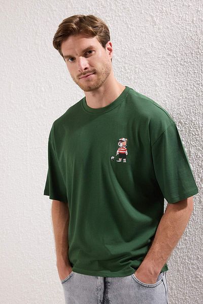 Trendyol Collection Χακί Unisex κανονικό/κανονικό μπλουζάκι αρκουδάκι με στάμπα 100% βαμβάκι TMNSS25TS00161