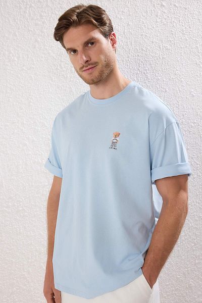 Trendyol Collection Ανοιχτό μπλε Unisex κανονικό μπλουζάκι αρκουδάκι 100% βαμβάκι