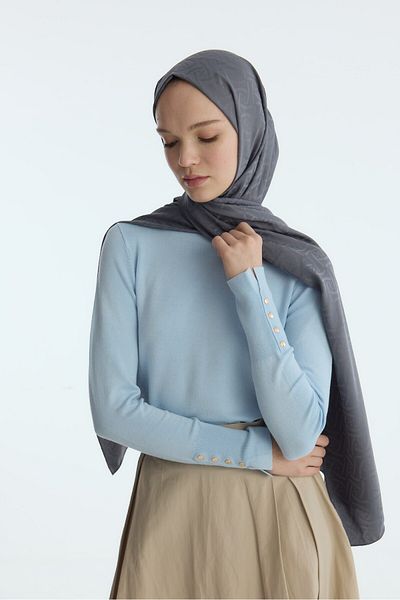 MİRSOY SCARF Μεταξένιο Ζακάρ Σάλι Μπλέ-ανθρακί