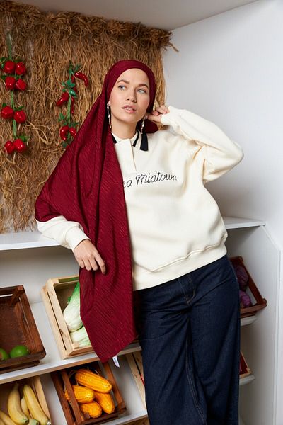 MİRSOY SCARF Șal Jacquard din bumbac cu model ritmic-Bordeaux
