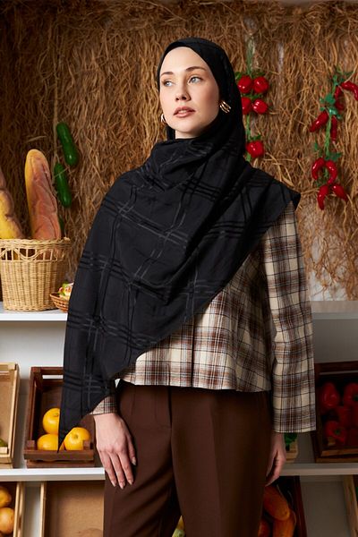MİRSOY SCARF Şal Jacquard din bumbac cu model Aura-Negru