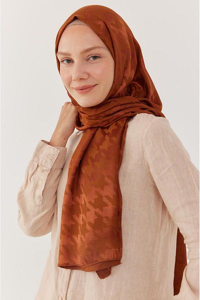 MİRSOY SCARF Shiny Jacquard Patterned Houndstooth Shawl - Copper