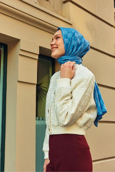 MİRSOY SCARF Șal jacquard mătăsos cu model de dama-albastru cer