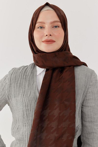 MİRSOY SCARF Shiny Jacquard Patterned Houndstooth Shawl - Brown