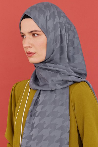 MİRSOY SCARF Anthracite Houndstooth Patterned Silky Jacquard Shawl