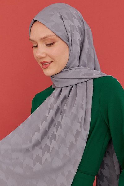 MİRSOY SCARF Dark Gray Houndstooth Patterned Silky Jacquard Shawl