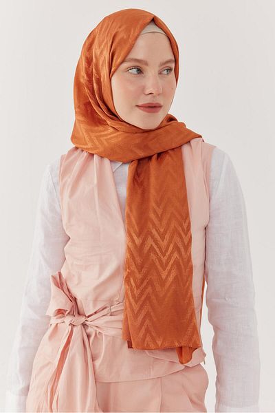 MİRSOY SCARF Shiny Jacquard Zigzag Patterned Orange Shawl
