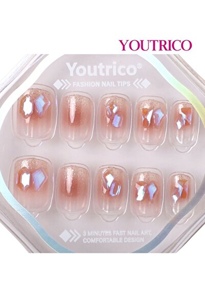 Youtrico 30 أظافر صناعية، وردي لامع، تدرج ألوان ماسي ثلاثي الأبعاد، أظافر صنا...