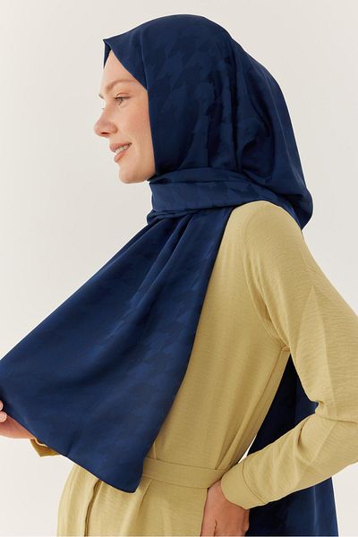 MİRSOY SCARF Navy Blue Silky Jacquard Shawl - Houndstooth Pattern
