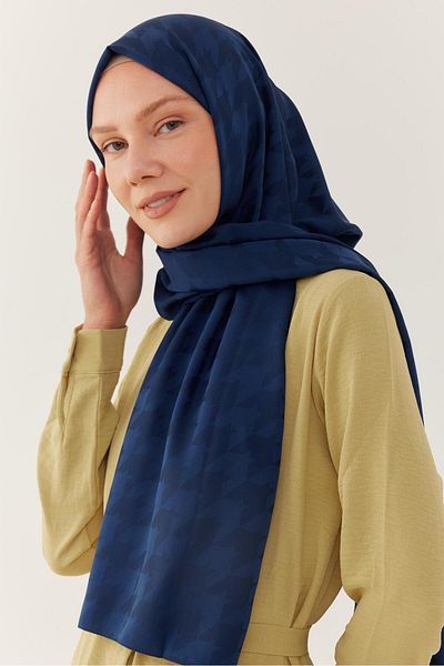 MİRSOY SCARF Navy Blue Silky Jacquard Shawl - Houndstooth Pattern
