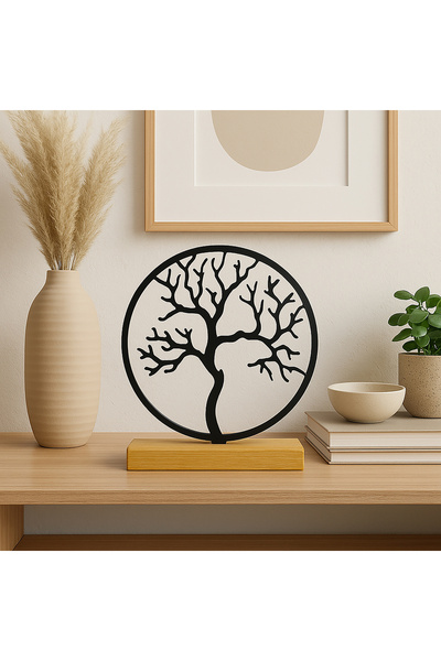 OEM "Tree of Life" decoration with natural wood base, 17 cm, black, 3D printed