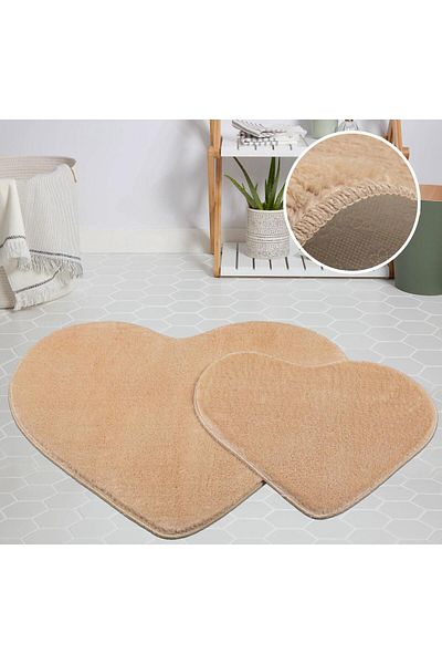 Myevilla My Evilla Modern Decorative Carpet Gel Non-Slip Base Plush Puffy Heart Model Cappıcıno Floor Mat Set 70X