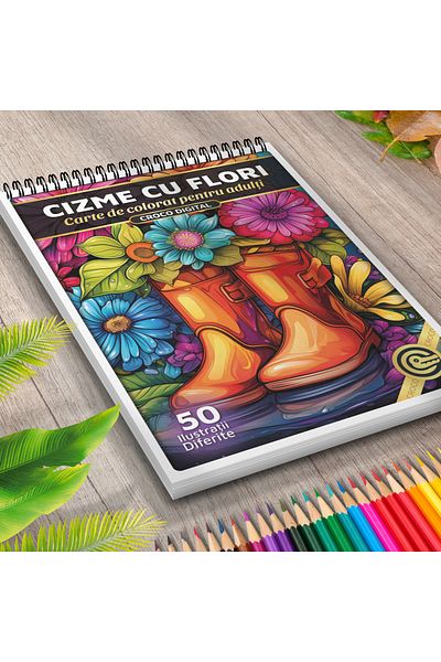 OEM Adult Coloring Book, Boots With Flowers, 50 Antistress Illustrations For Relaxation